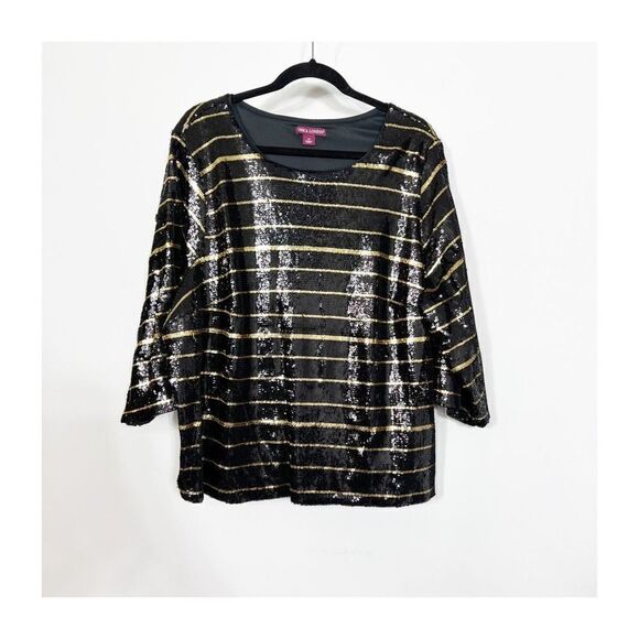 Jessica London Top Blouse 3/4 Sleeve Sequin Black Gold Womens Size 22 - Picture 1 of 7